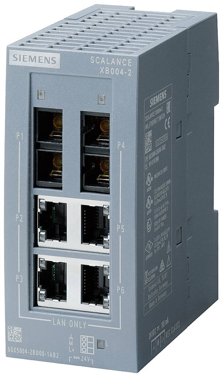 Un switch di rete Siemens Scalance XB004-2 grigio con otto porte LAN, adatto per applicazioni industriali in sistemi di rete.