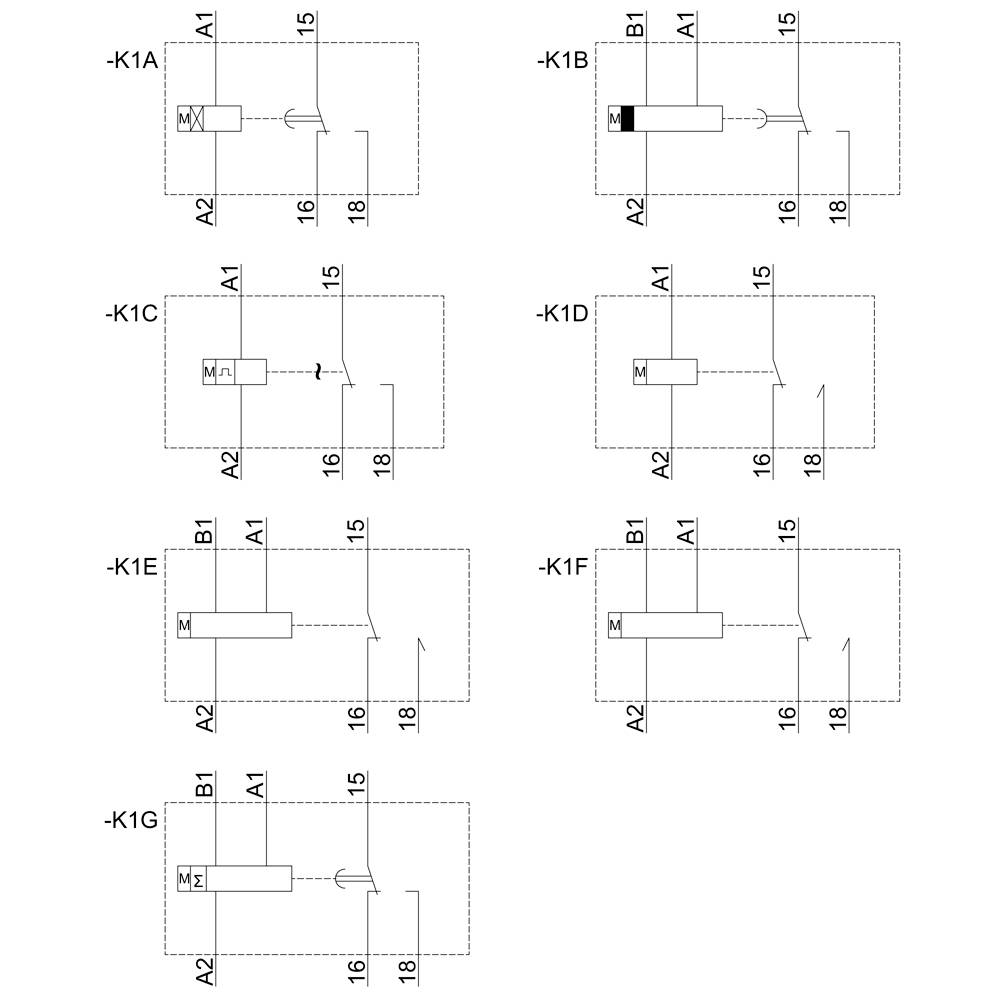 Schema elettrico con otto variazioni di un circuito elettrico, contrassegnate da -K1A a -K1G. Ciascuna mostra connessioni e posizioni degli interruttori differenti.