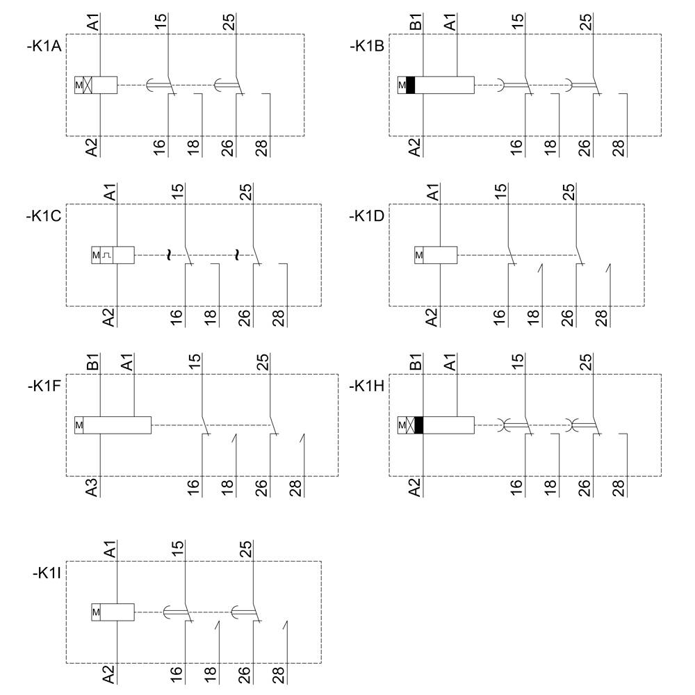 'Schema elettrico con sei circuiti elettrici, etichettati da -K1A a -K1I. Connessioni e contatti tra i punti A1, A2, A3 e B1.'