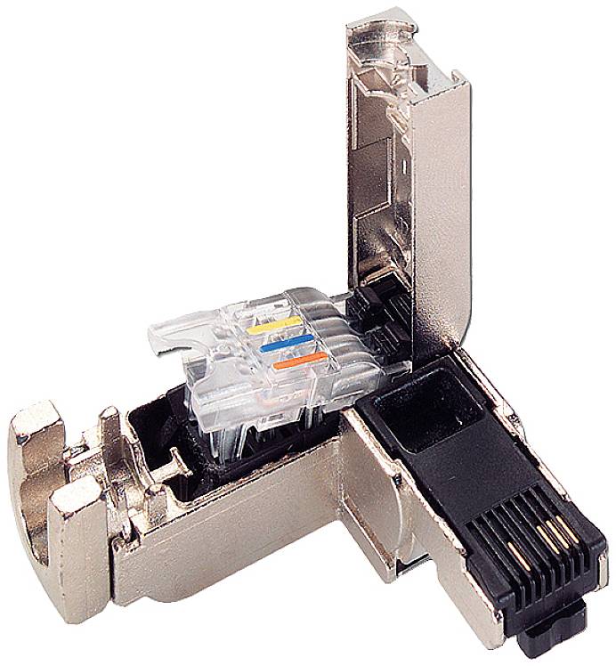 Un connettore RJ45 metallico aperto che mostra come un cavo Ethernet viene collegato per consentire connessioni di rete.
