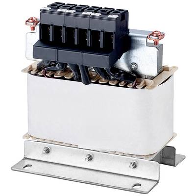 Un trasformatore con blocco di connessione nero, montato su un supporto metallico.