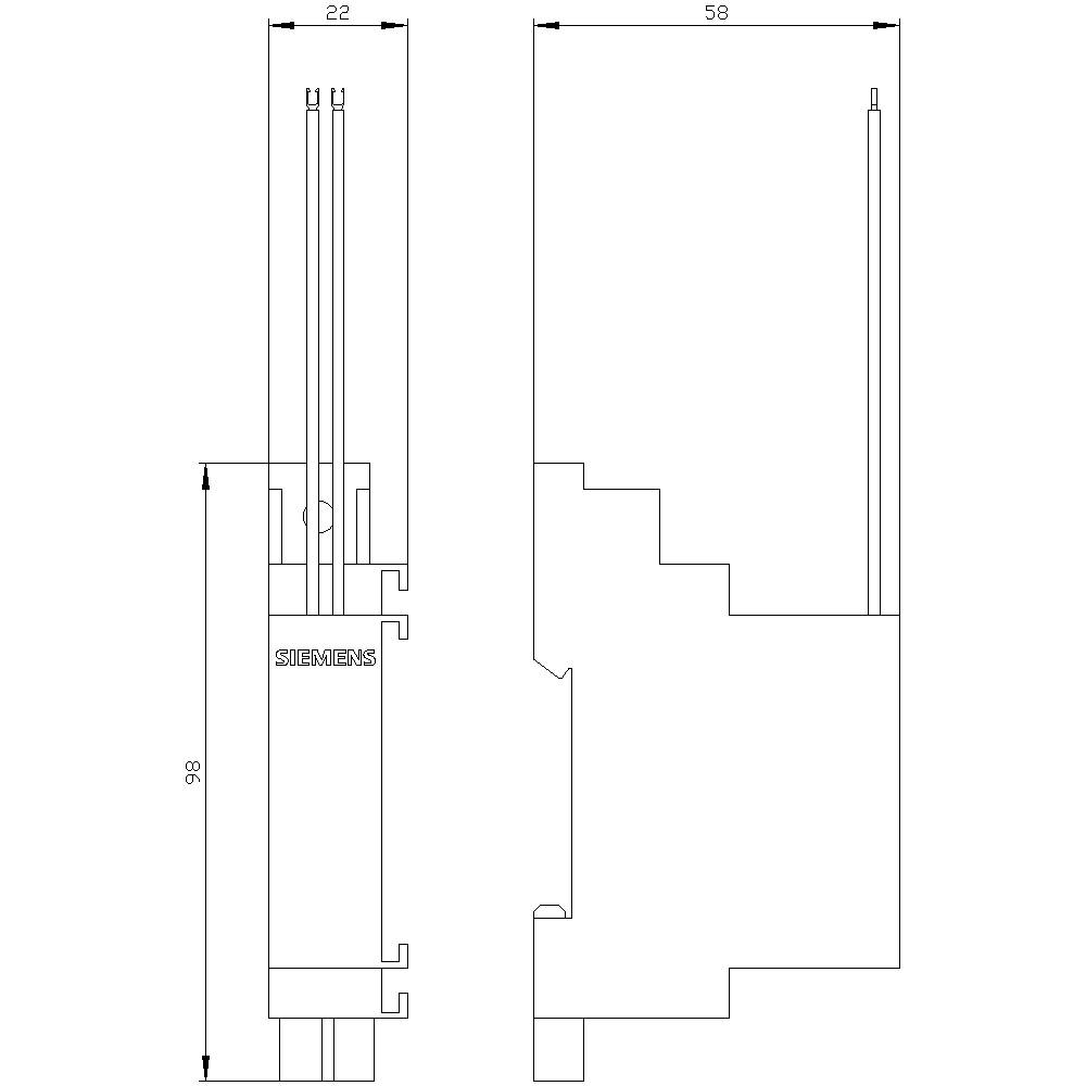 Disegno tecnico di un componente con dimensioni: Lunghezza 98, Larghezza 22 e 58. Marcatura 'Siemens'. Diagramma privo di scala.