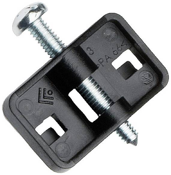 Supporto nero in plastica con due viti metalliche integrate, utilizzato per il fissaggio su superfici o strutture.