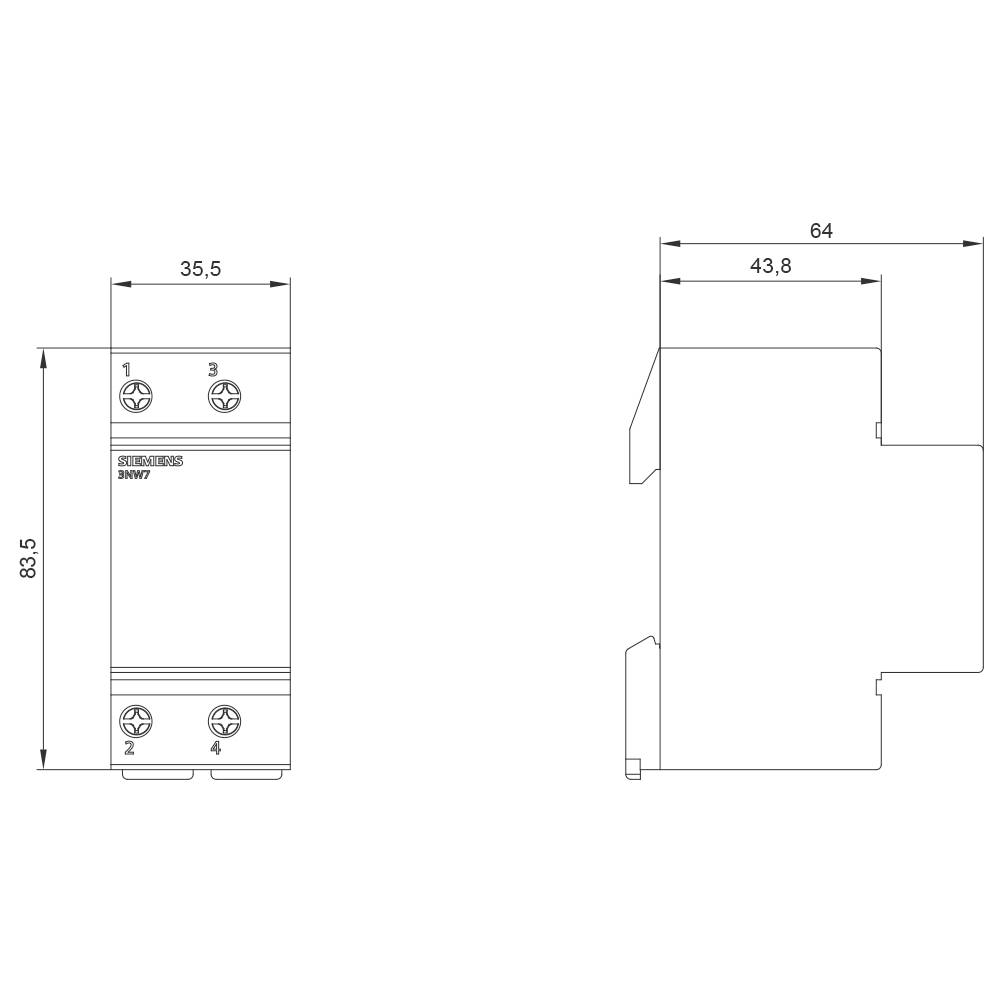 Disegno tecnico di un componente elettrico con vista frontale e laterale. Dimensioni di 83,5 x 35,5 mm (vista frontale) e 64 x 43,8 mm (vista laterale).