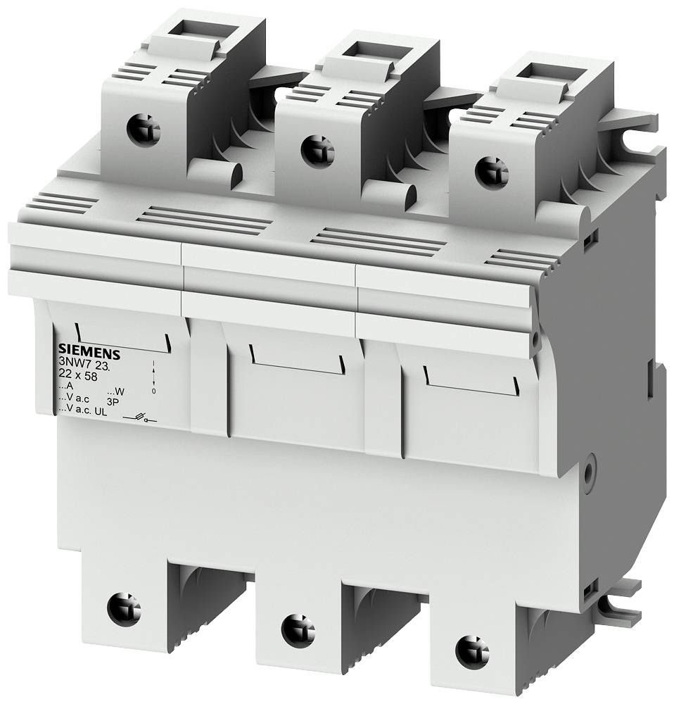 Un sezionatore di carico tripolare Siemens, tipo 3NP1, da 22 A, 690 V AC. Utilizzato per la separazione sicura dei circuiti elettrici.