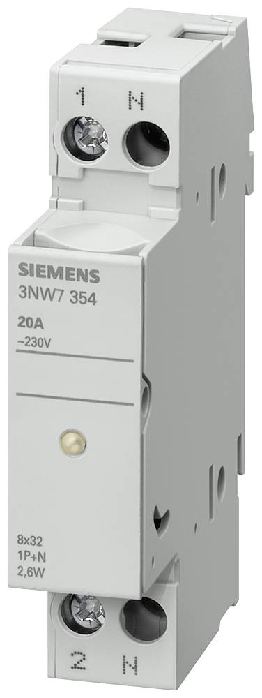 Interruttore magnetotermico unipolare Siemens, modello 3NW7 354, 20A, 230V, con morsetti a vite, per la protezione da sovracorrente in impianti elettrici.