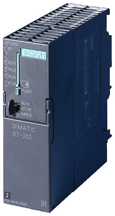 Modulo CPU Siemens Simatic S7-300, Modello CPU 312. Sul lato frontale sono presenti LED di stato operativo e interruttori di controllo.