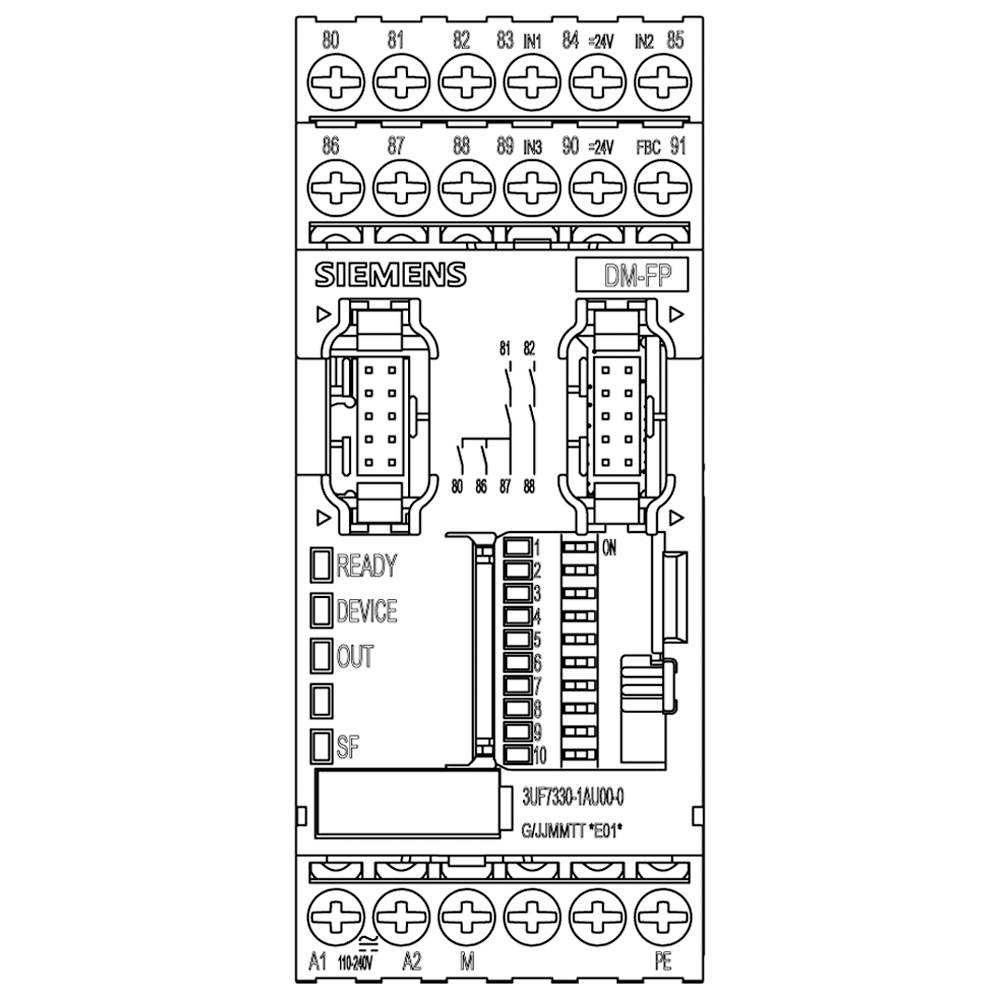 Diagramma di cablaggio Siemens di un modulo I/O con connettori e indicatori LED per stato di pronto, dispositivo, uscita e stato di errore.