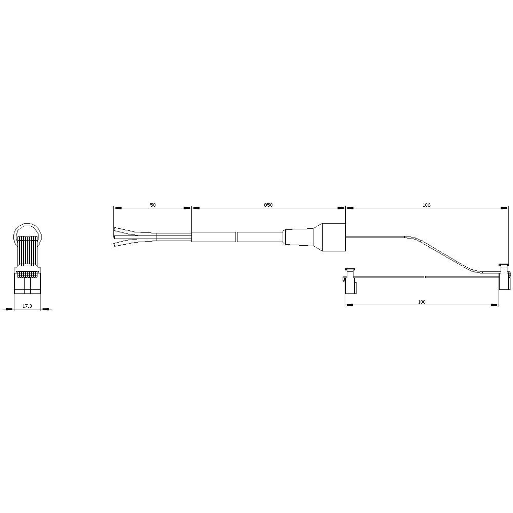 Disegno tecnico di un sensore con vista laterale e frontale. Le dimensioni e i connettori dei cavi sono rappresentati in modo dettagliato.