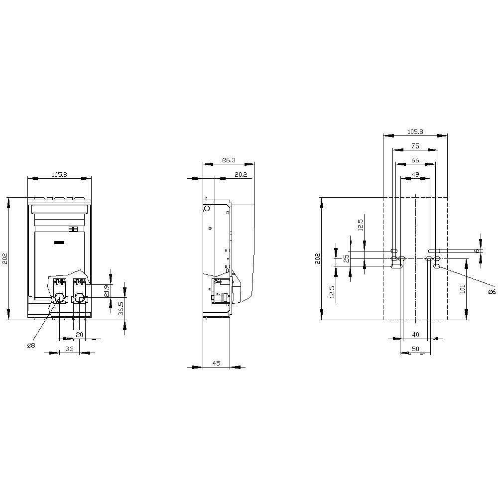 Disegno tecnico di un dispositivo rettangolare con vista frontale, laterale e dall'alto. Dimensioni dettagliate in millimetri.