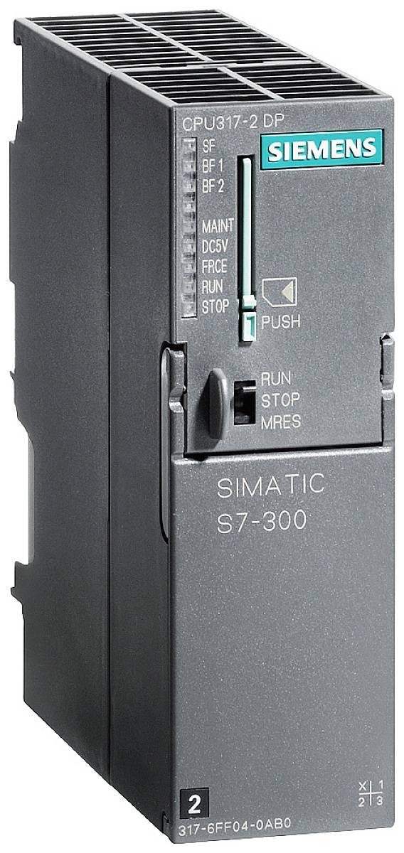 Un modulo CPU grigio Siemens Simatic S7-300 con LED di stato e numero di modello 'CPU317-2 DP'.
