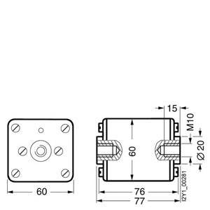 Disegno tecnico di un componente con dimensioni: 60x76x77. Contiene filettatura M10, diametro 20, indicato in millimetri.