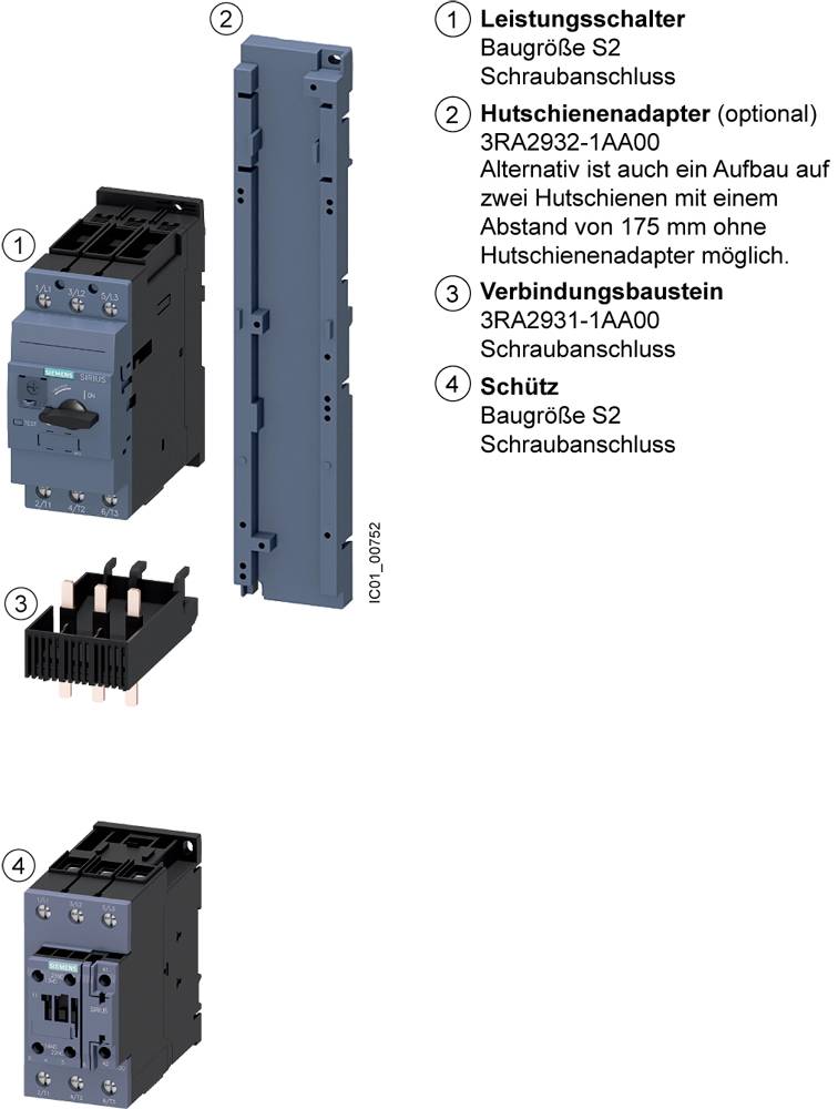 'Interruttore automatico taglia S2' con connessione a vite, 'Adattatore per guida DIN', 'Modulo di collegamento' e 'Contattore taglia S2'.