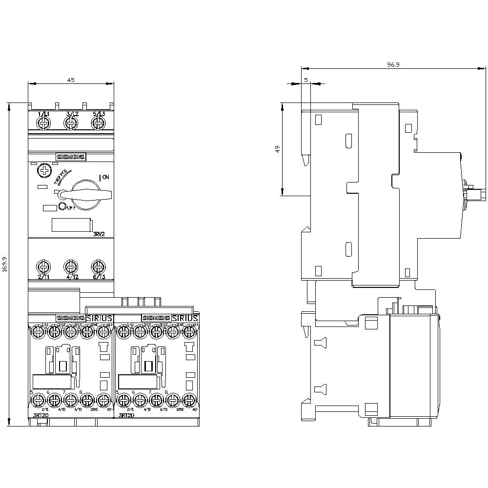 Disegno tecnico di un interruttore elettrico e dei suoi componenti con dimensioni in millimetri. A sinistra vista frontale, a destra vista laterale.