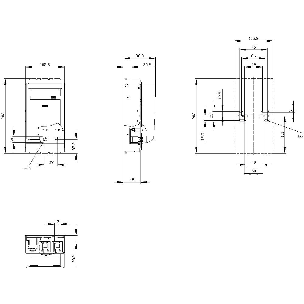 Disegno di un dispositivo tecnico con misure: altezza 105,8 cm, larghezza 86,3 cm. La vista laterale mostra leve e supporti.