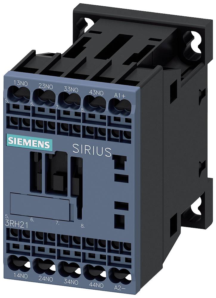 Un contattore elettrico Siemens Sirius. Involucro nero e blu con morsetti etichettati e numero di modello '3RH21'.
