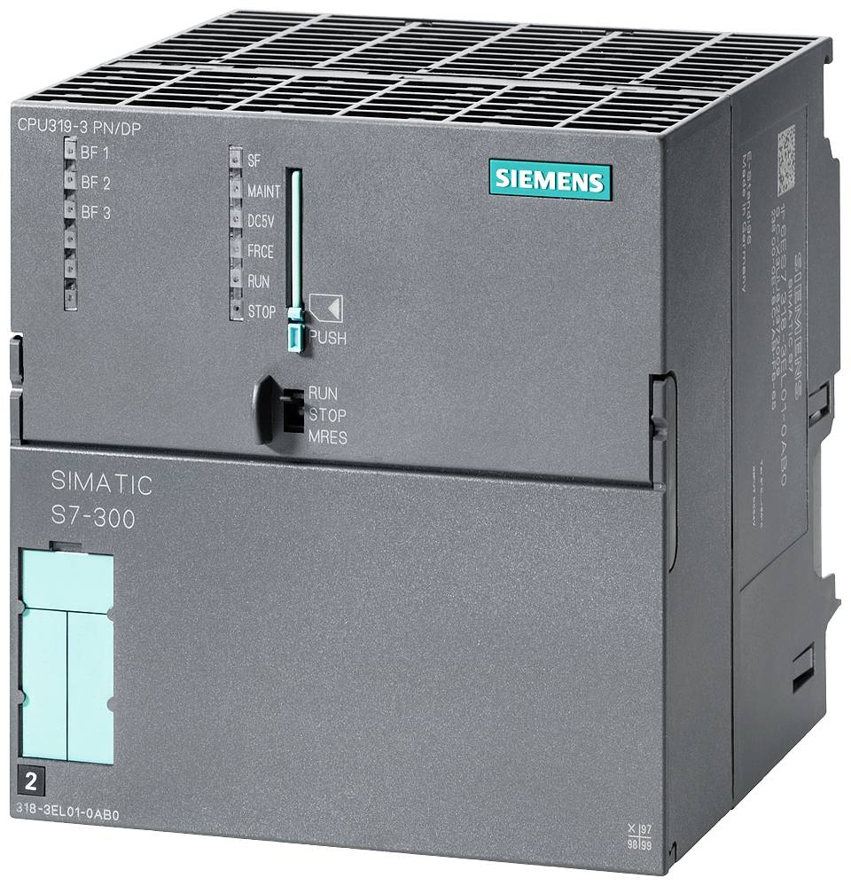 Un dispositivo di automazione Siemens SIMATIC S7-300 con indicatori di modello e stato. Adatto per compiti di controllo industriale.