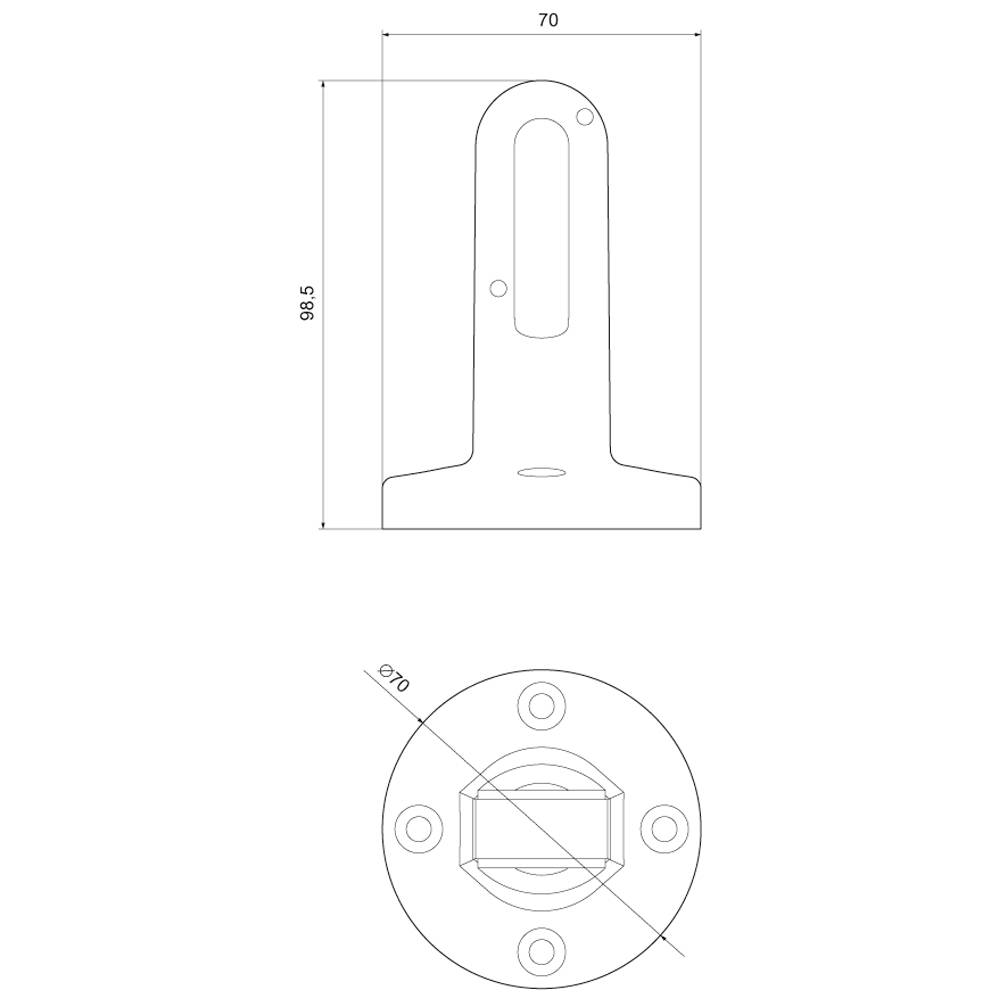 Disegno tecnico di un supporto con dimensioni: altezza 99,5 mm, larghezza 70 mm, diametro base 70 mm, fori per viti di fissaggio rappresentati.