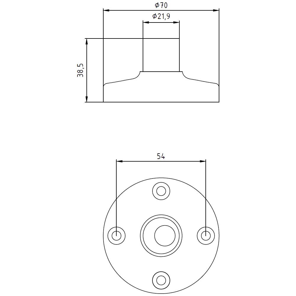 Disegno tecnico di una flangia metallica rotonda con tre fori, diametro superiore 21,9 mm, diametro complessivo 70 mm, altezza 38,5 mm.