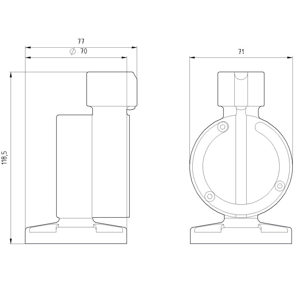 Disegno tecnico di un componente circolare con le seguenti dimensioni: 70 mm, larghezza di 77 mm e altezza di 118,5 mm. Vista laterale e frontale.