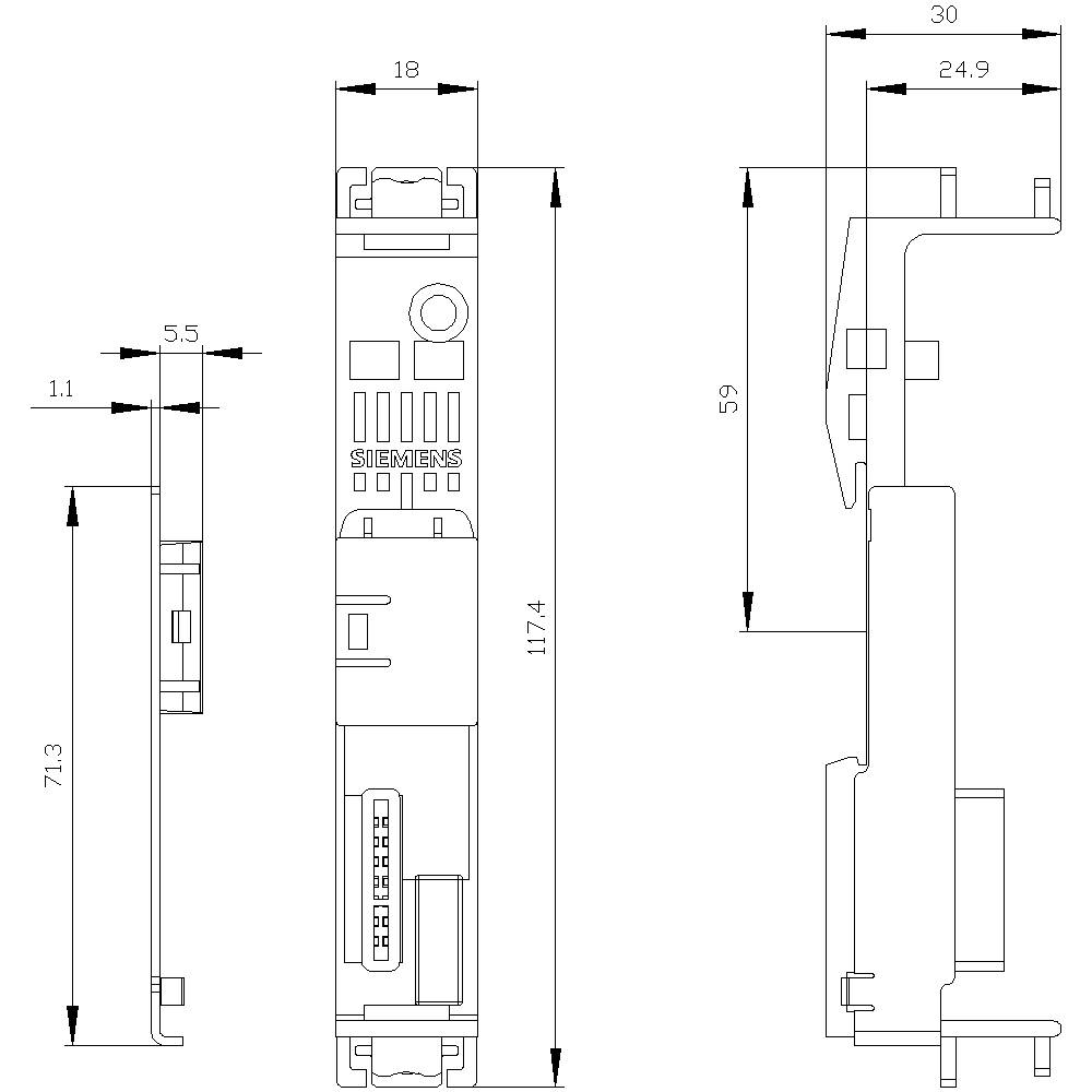 Disegno tecnico di un modulo Siemens con tre viste che mostrano le diverse dimensioni del dispositivo, comprendenti altezza e larghezza.