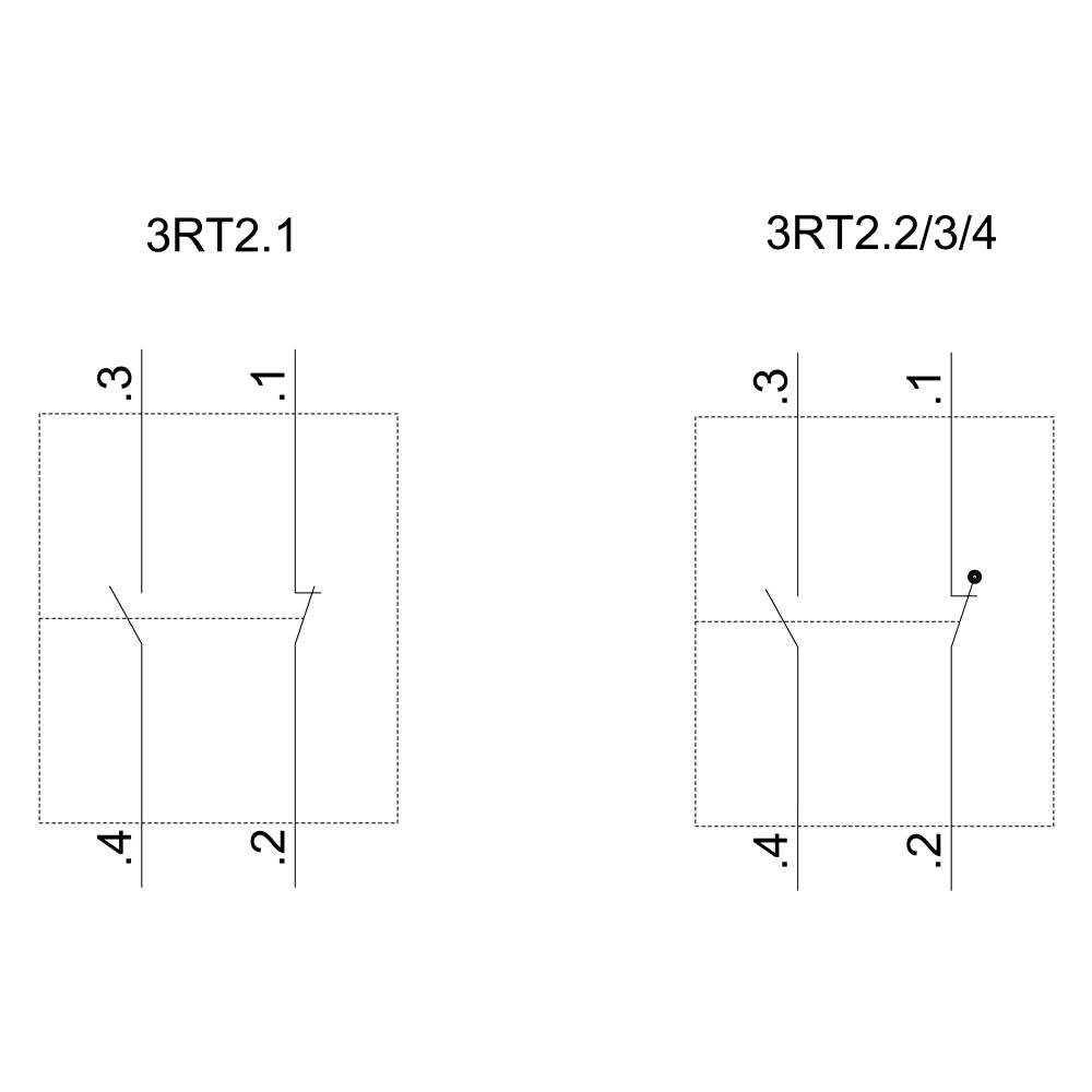 Due disegni tecnici di layout dei contatti di commutazione con etichette '3RT2.1' e '3RT2.2/3/4'. Visualizzazione delle posizioni dei contatti.