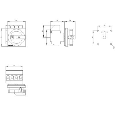 Disegno tecnico di un interruttore con dimensioni: larghezza 66 mm, profondità 61 mm. Comprende vista frontale, laterale e dettagliata.