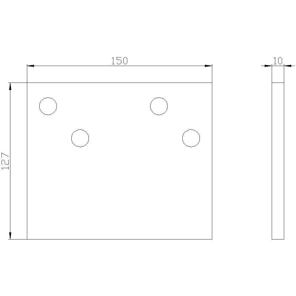 Disegno tecnico di un oggetto rettangolare con dimensioni 150 x 127 x 10 mm e quattro fori circolari.