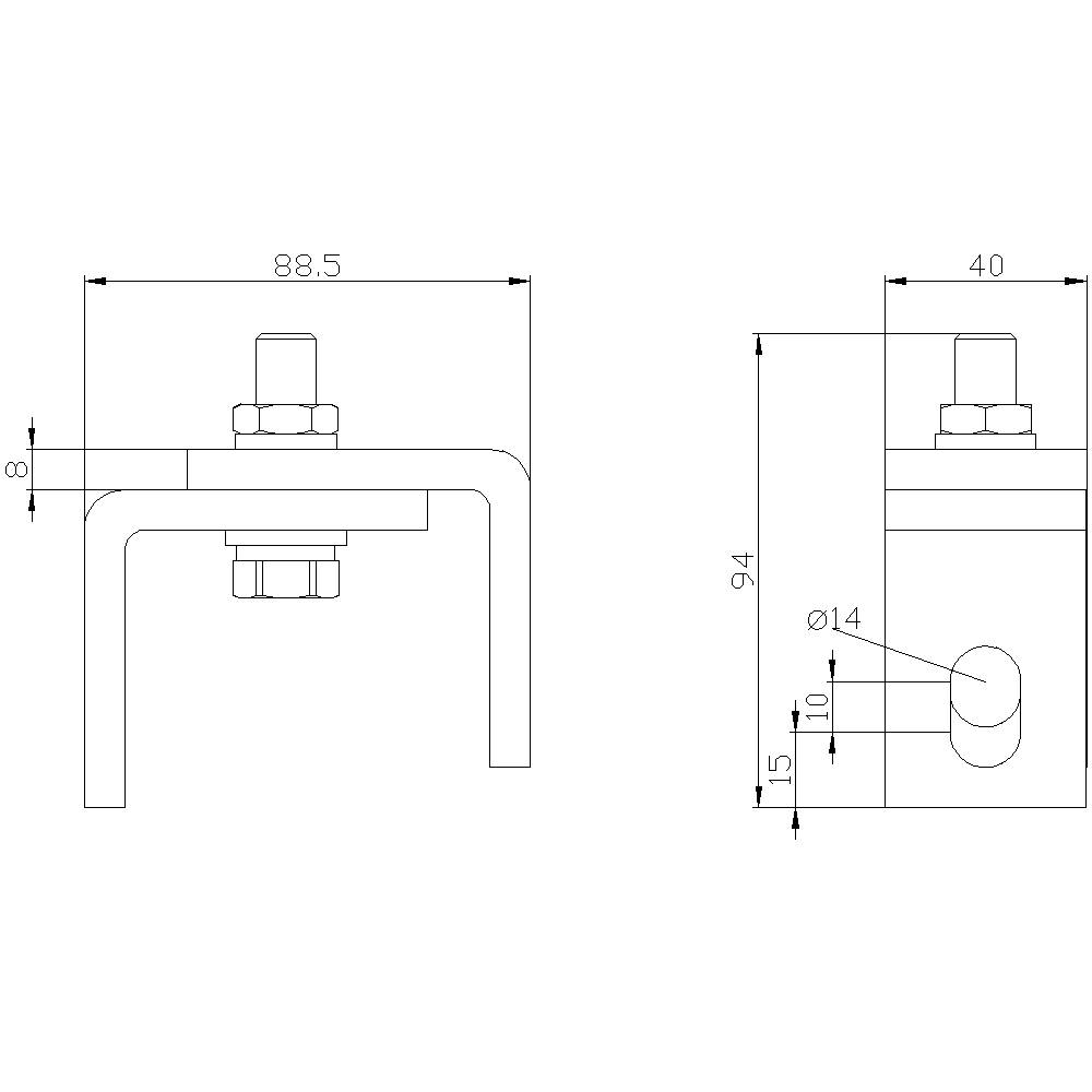 Disegno tecnico di un componente a U con dimensioni di 88,5 mm di larghezza e 40 mm di altezza. Collegamento a vite e foro con diametro di 14 mm.