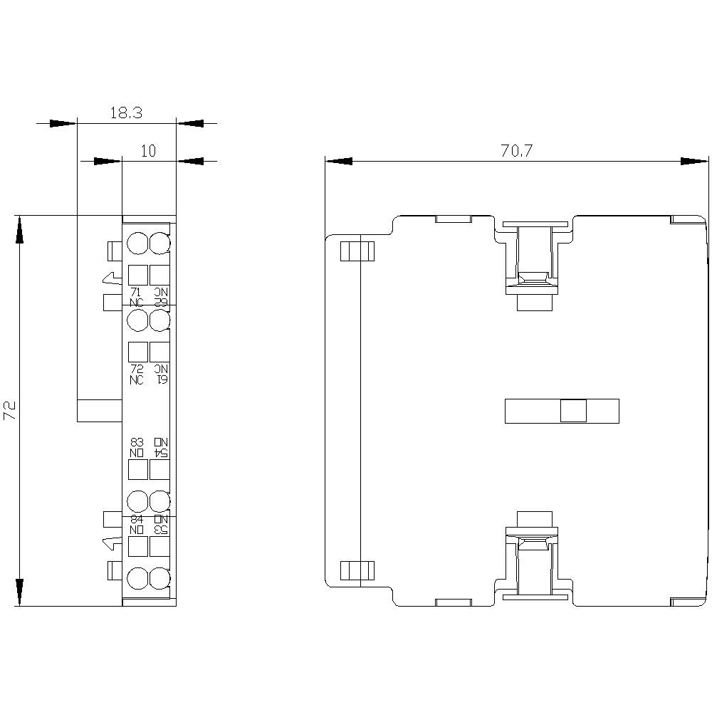 Disegno tecnico di un relè elettrico con dimensioni: altezza 72 mm, larghezza 70,7 mm, profondità 18,3 mm, posizioni di collegamento contrassegnate.