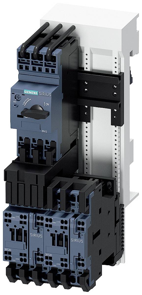 Un contattore elettrico con più interruttori on/off e opzioni di cablaggio, montato su un supporto bianco.