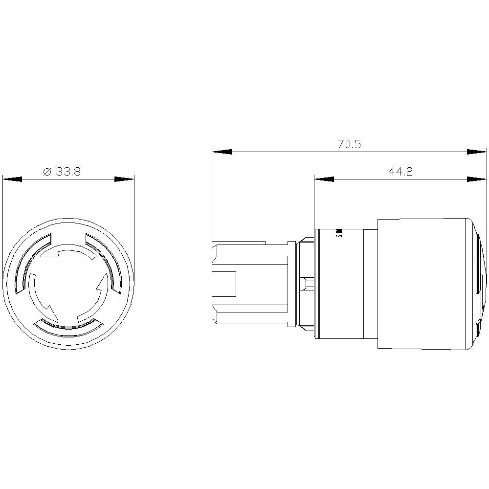 Disegno di un componente cilindrico con dimensioni: diametro 33,8 mm, lunghezza 70,5 mm, lunghezza utile 44,2 mm. Vista dall'alto e vista laterale.