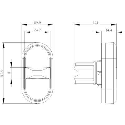 Disegno tecnico di un componente ovale con misure: altezza 57,9 mm, larghezza 29,9 mm, profondità 14,4 mm. Vista laterale e frontale.