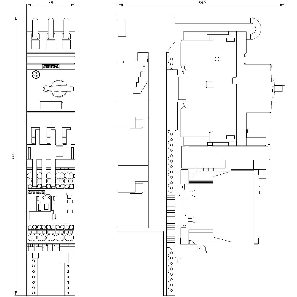 Un diagramma tecnico mostra la vista laterale e frontale di un montaggio di un quadro elettrico con vari componenti elettrici e dimensioni.