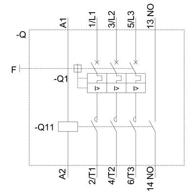 Schema di collegamento di un contattore trifase con tensione di bobina su A1 e A2. Connessioni su 1/L1, 3/L2, 5/L3 e 2/T1, 4/T2, 6/T3.
