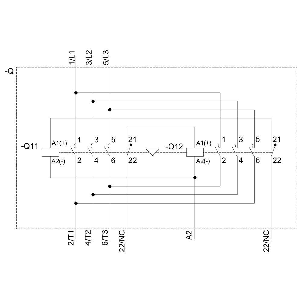 Uno schema elettrico mostra i collegamenti tra diversi morsetti (1L1, 3L2, 5L3) e relè (-Q11, -Q12) con etichette numeriche (1-21).