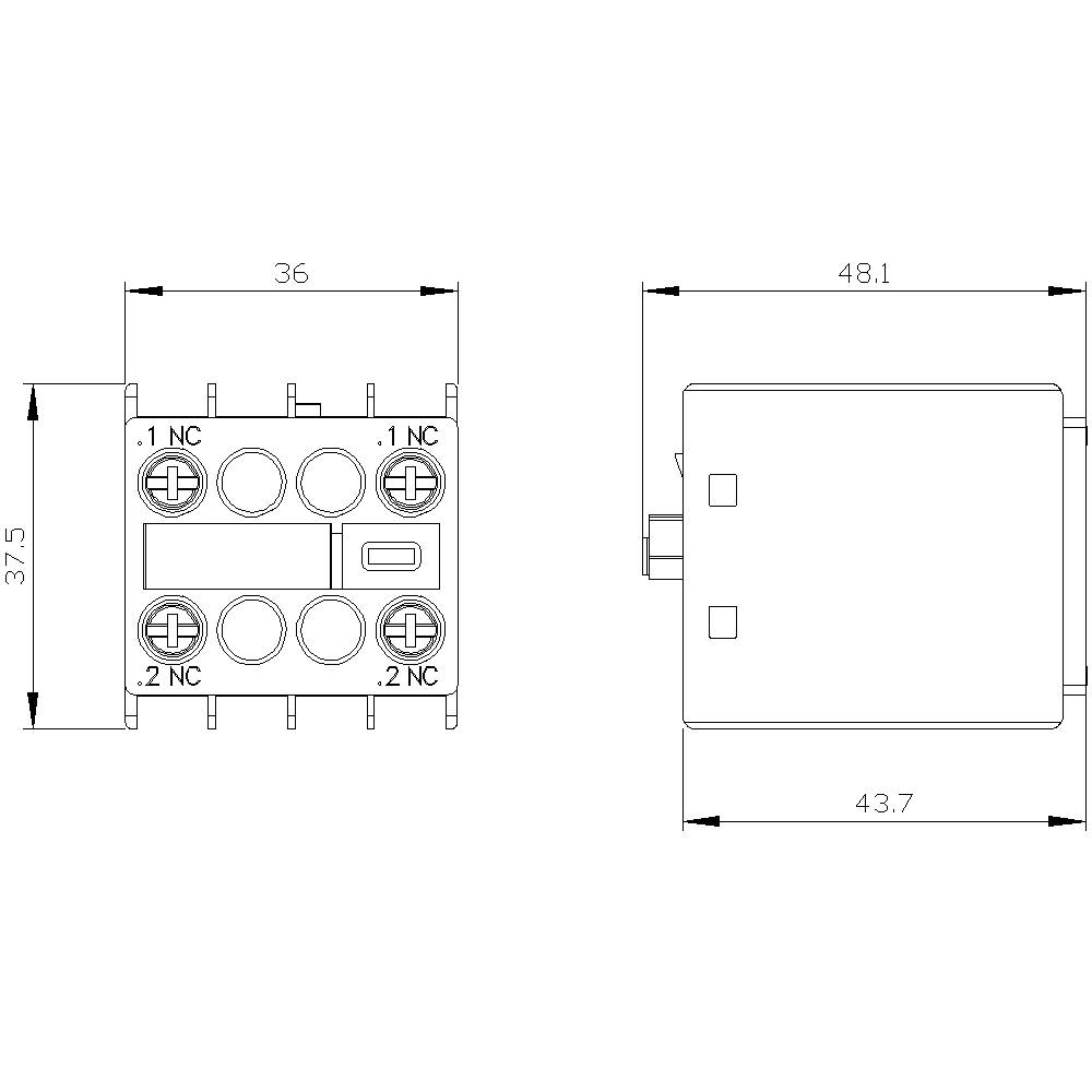 Disegno tecnico di un relè, vista frontale e laterale, con dimensioni: altezza 37,5 mm, larghezza 36 mm, profondità 48,1 mm. Connessioni: 1 NC, 2 NC.