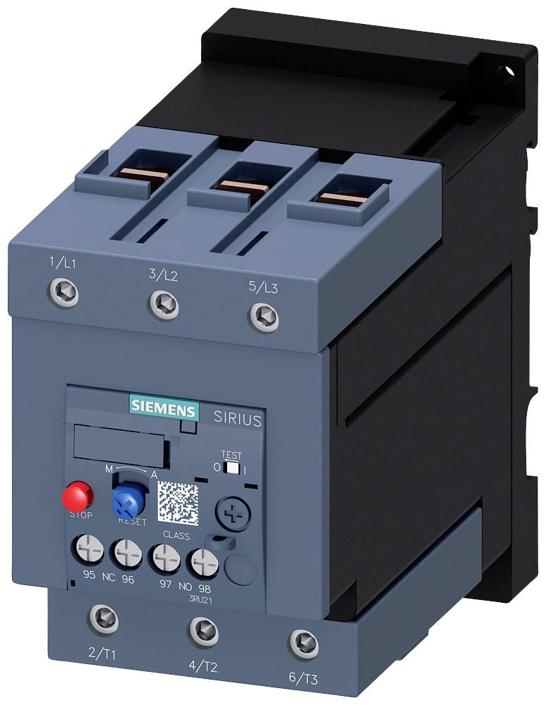 Contattore elettrico con tre morsetti superiori, etichetta del marchio e pulsante di test visibili. Utilizzato per il controllo di circuiti elettrici.