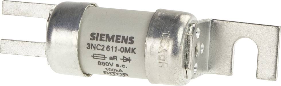 Un fusibile Siemens con l'iscrizione '3NC2 611-0MK, 690V, 100A'. Sotto sono raffigurati dei simboli sul cilindro grigio.