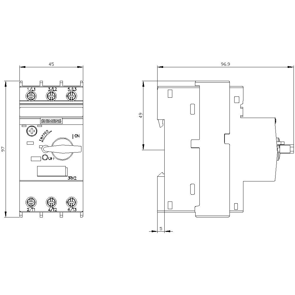 Disegno di un interruttore con dimensioni: larghezza 45 mm, altezza 97 mm, profondità 96,9 mm. Vista frontale che mostra i collegamenti e gli interruttori.