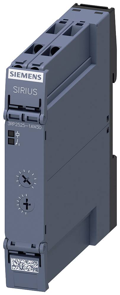 Un modulo relè Siemens grigio scuro della serie 'SIRIUS' con pulsanti di regolazione sul lato frontale. Il numero di modello '3RP2525-1AW30' è visibile.