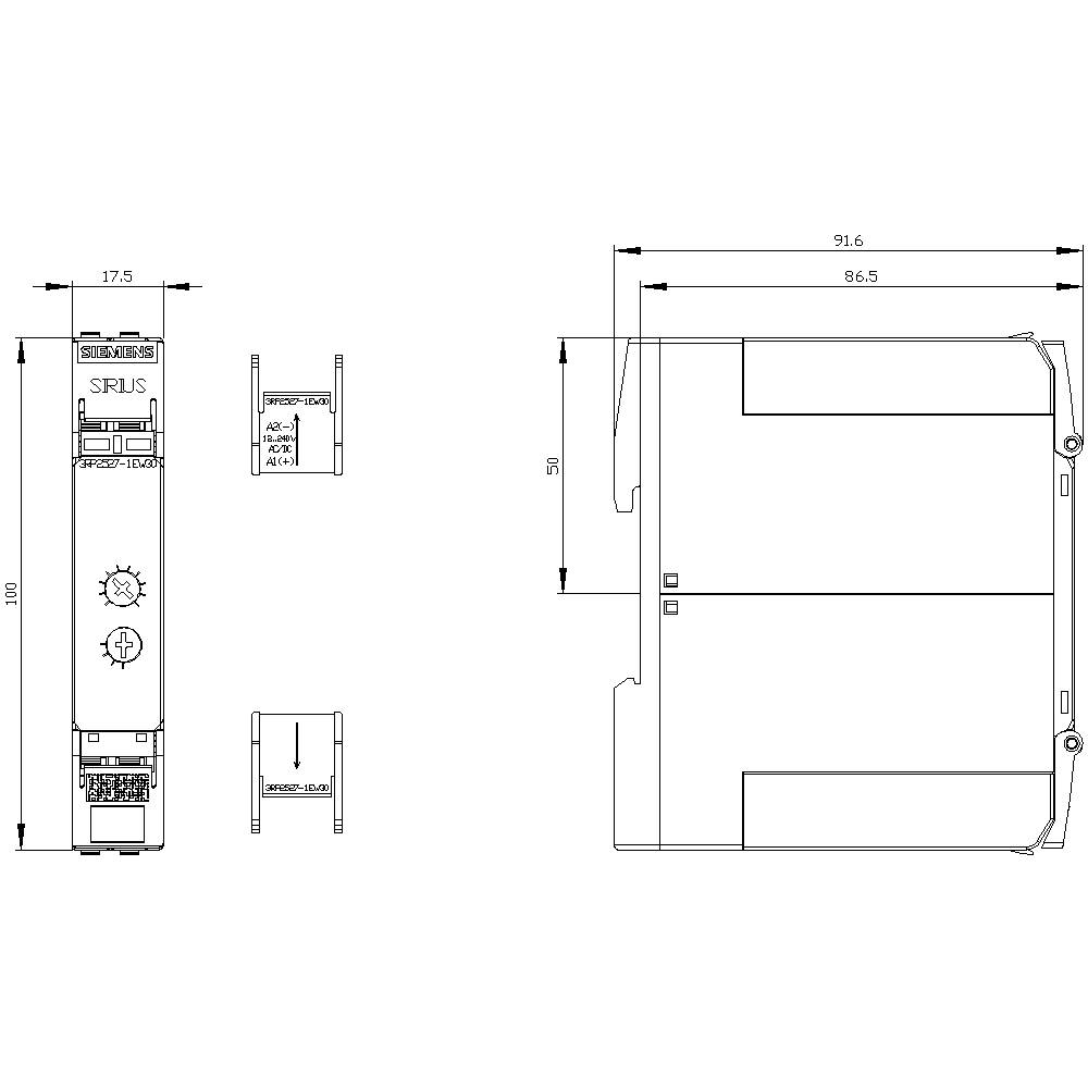 Disegno tecnico di un dispositivo elettronico. Mostra le dimensioni: 175 x 100 x 91,6 mm. Contiene viste laterali e frontali.