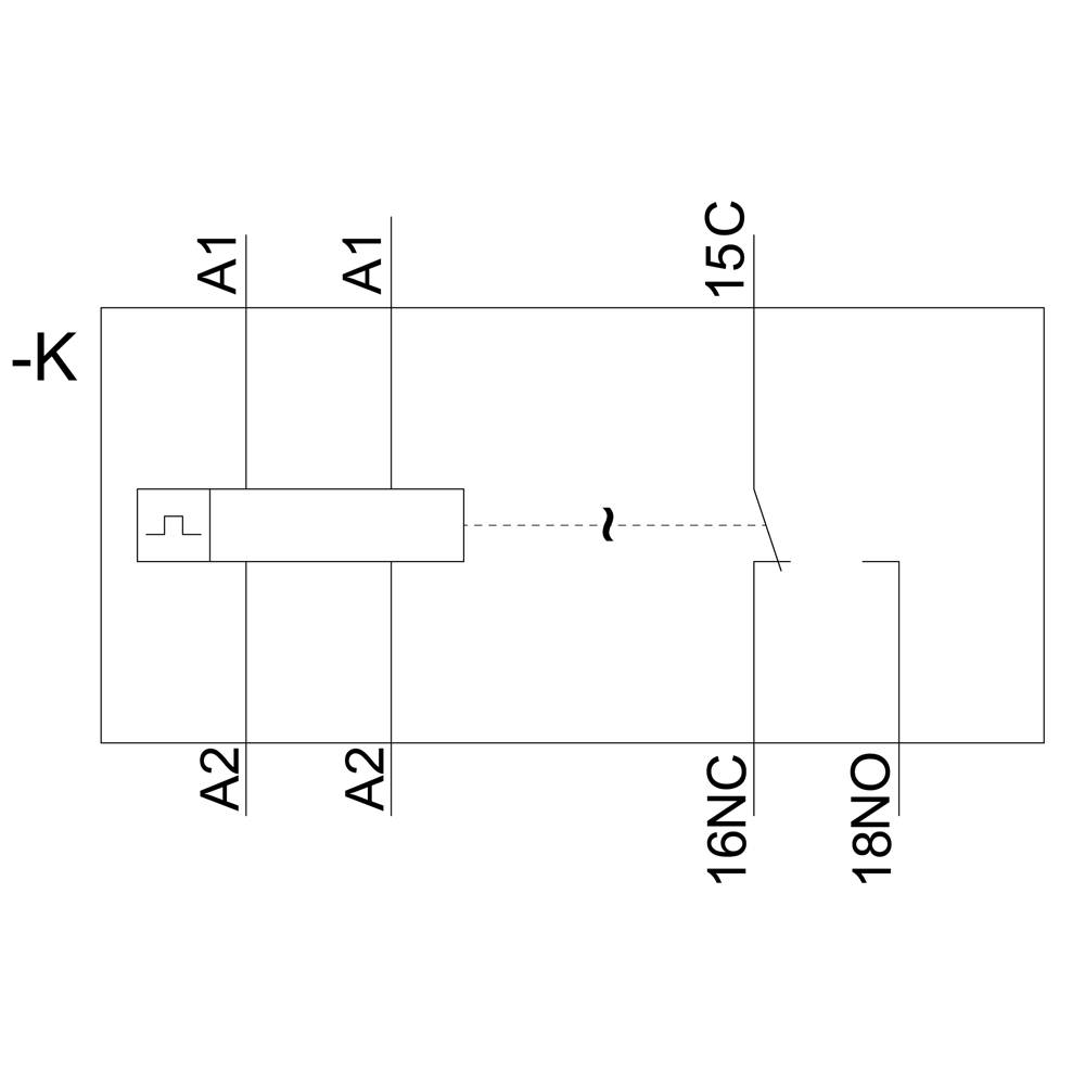 Uno schema elettrico con il relè 'K', con i morsetti A1, A2, 15C, 16NC e 18NO. Connessioni e contatti sono rappresentati.