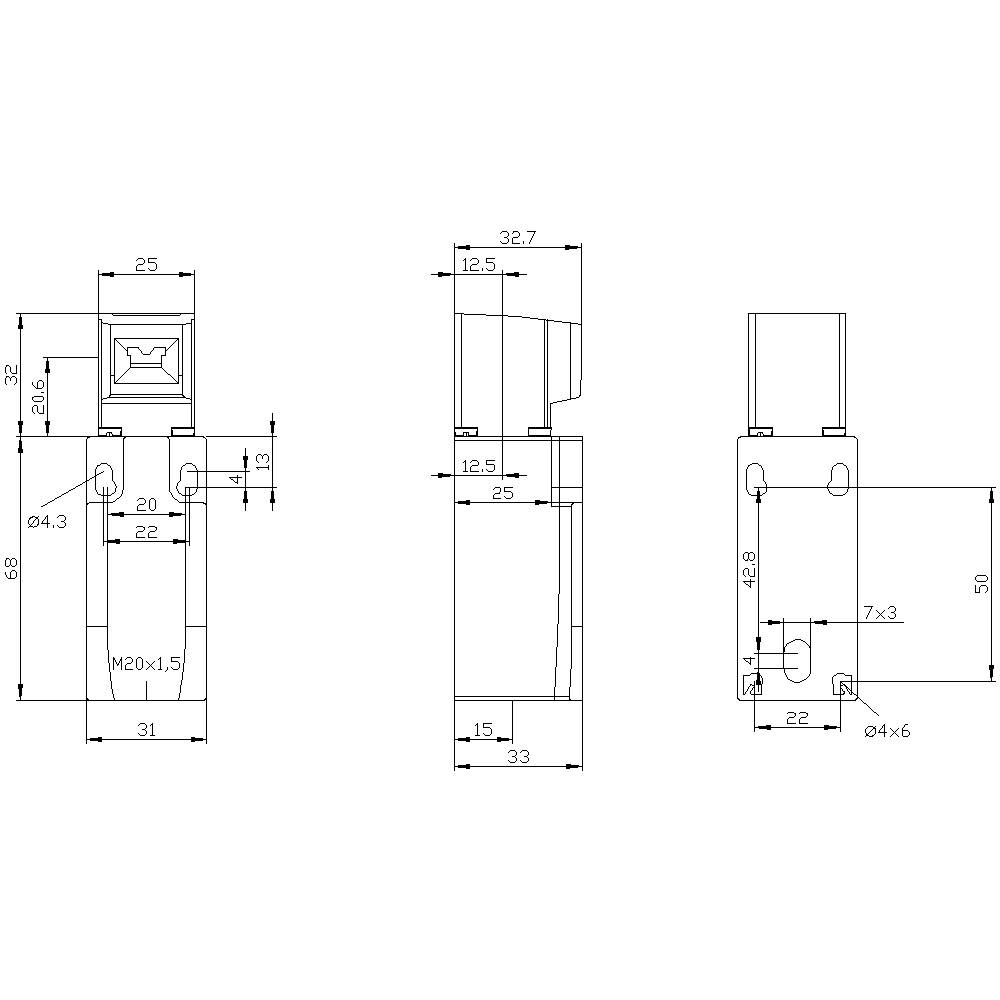 Disegno tecnico di un componente meccanico con vista frontale, laterale e dall'alto. Le dimensioni e i punti di fissaggio sono indicati.