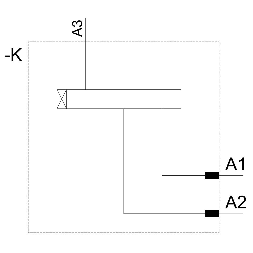 Schema elettrico di un interruttore con morsetti A1, A2 e A3. '-K' identifica la funzione dell'interruttore.