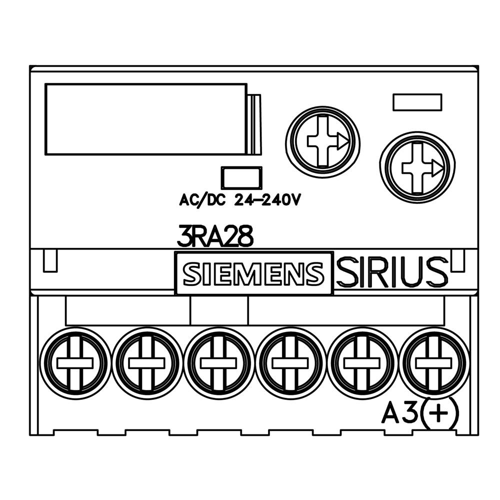 Un dispositivo elettrico con la scritta 'SIEMENS SIRIUS' e '3RA28', adatto per corrente AC/DC 24–240V. Sopra sono visibili cinque morsetti a vite.