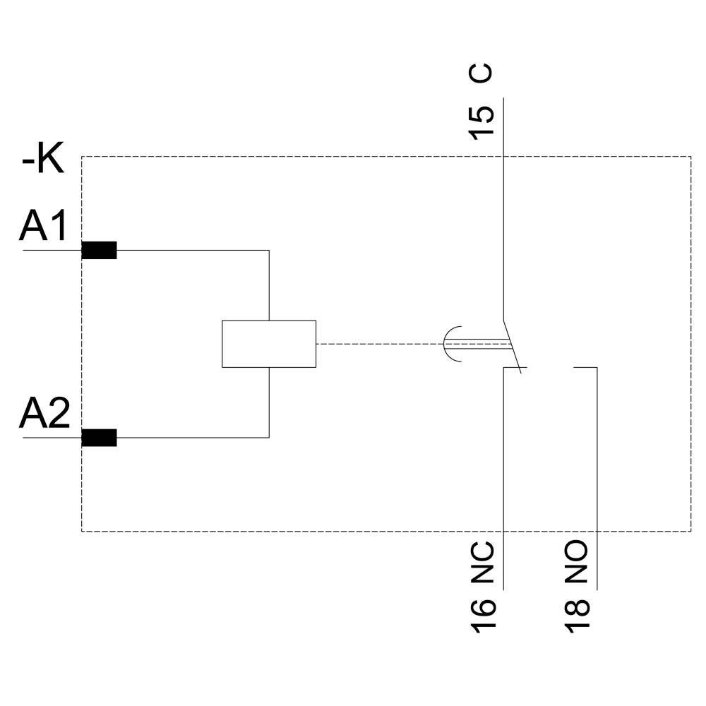 Schema elettrico con relè 'K', morsetti A1, A2. Contatto 15 tra 16NC e 18NO.
