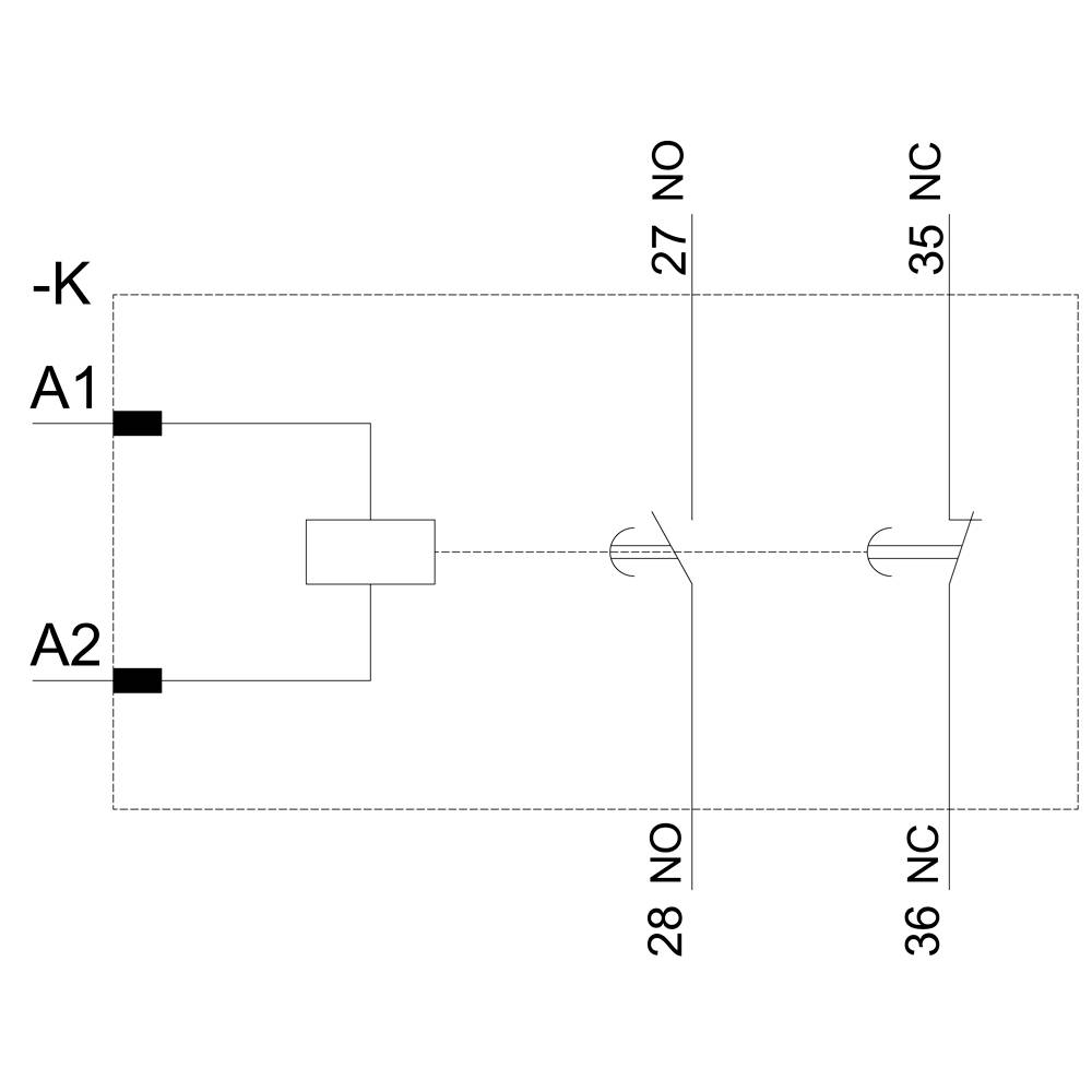 Schema di un relè a due contatti. A1 e A2 a sinistra, 27 NO e 35 NC a destra, più 28 NO e 36 NC a destra.