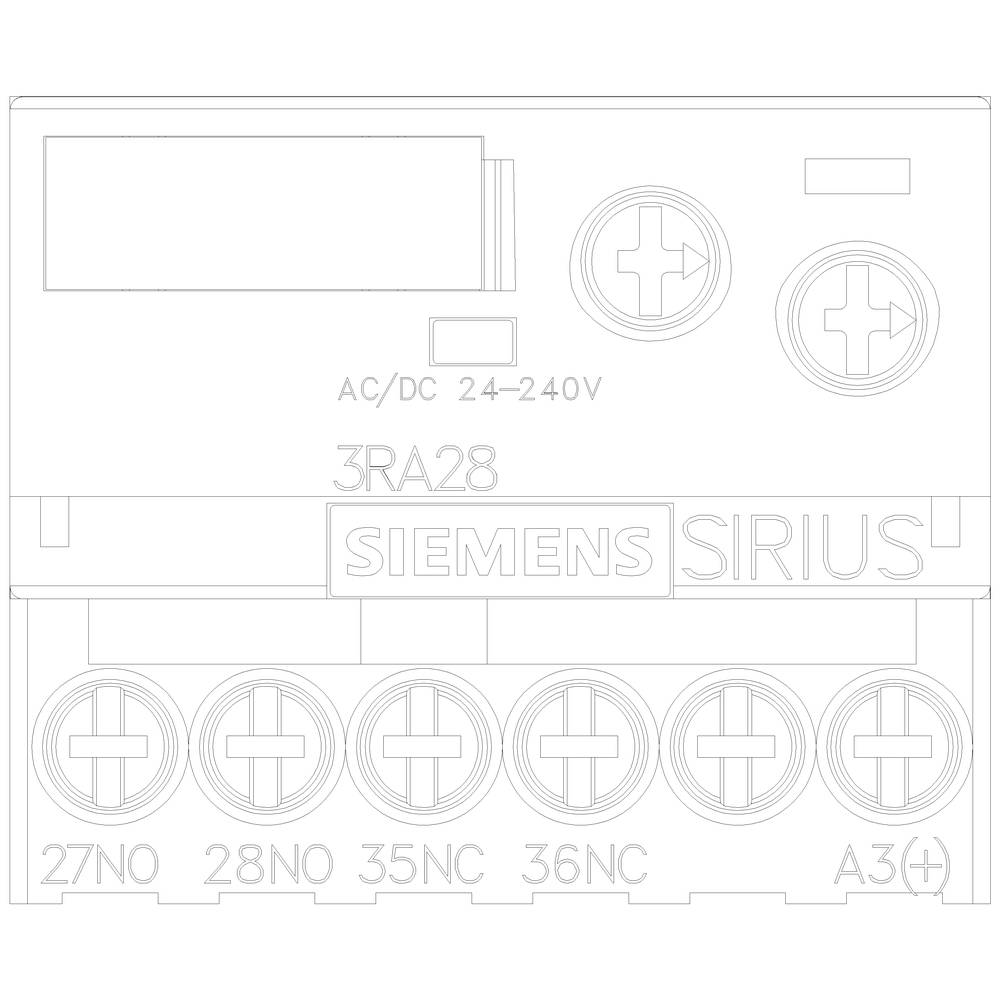 '3RA28', primo piano di un interruttore Siemens Sirius. Visibili i morsetti 27NO, 28NO, 35NC, 36NC, A3+. Tensione: AC/DC 24-240V.