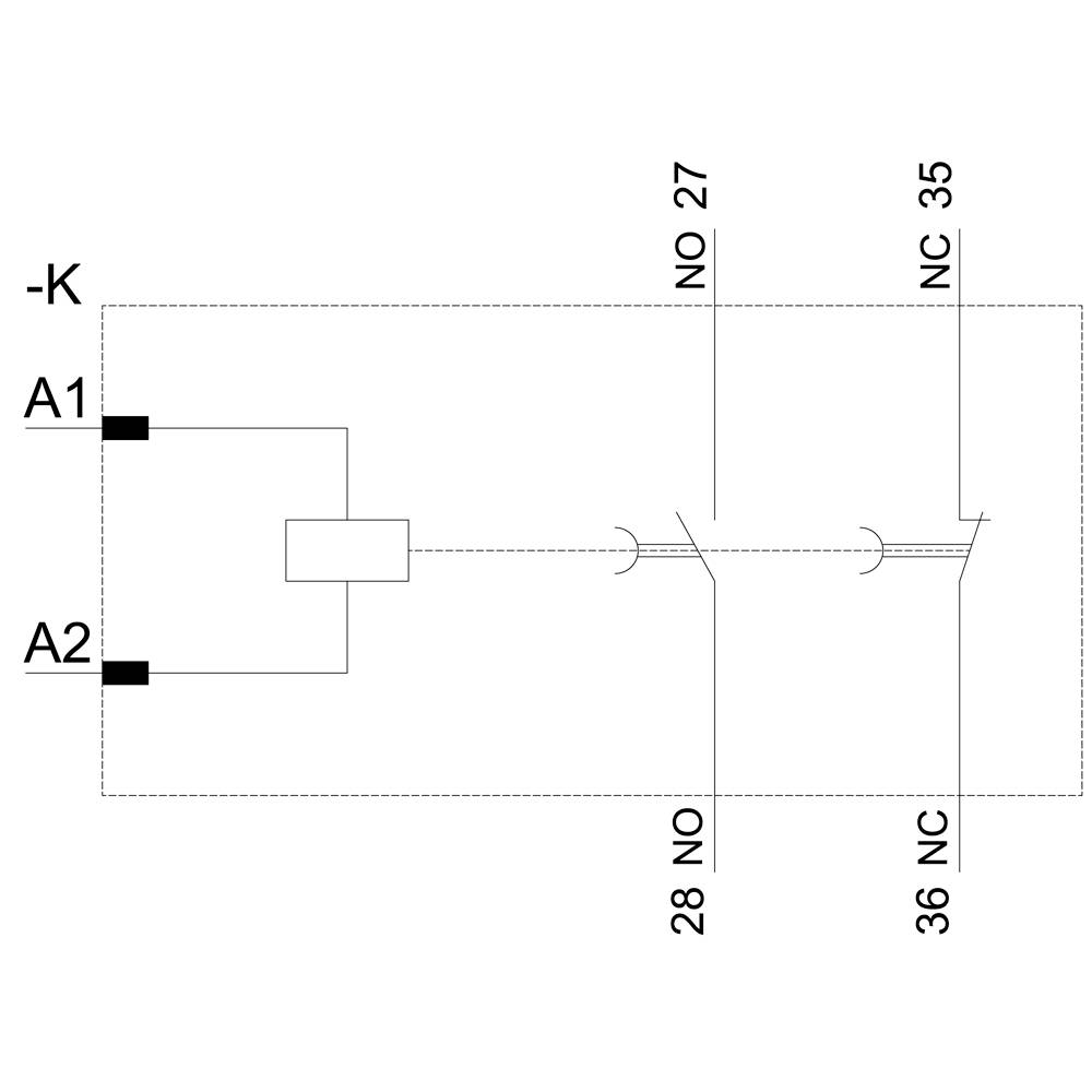 'Schema di collegamento relè: connessione tra i morsetti A1, A2 e i contatti NO 27, NC 35, 28, 36.'